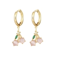 Elegant gold cherry earrings featuring pink cat eye stones and green leaf accents - Cherry Earrings