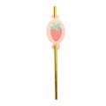 Detail of a golden paper straw with a pink strawberry card for party tableware sets - Strawberry Pattern Straws Style D