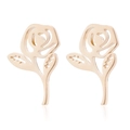 Close-up of golden hollow rose stud earrings with petal and leaf details on white background - 082 Rose / Gold