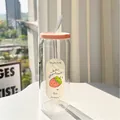 Straw glass tumbler with pink lid and strawberry pattern, portable coffee cup for summer - Strawberry + Lid + Straw