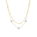 Elegant gold-tone double-layered necklace featuring light blue daisy flower pendants - Gold Daisy White Shell Double Layer Necklace (A704)
