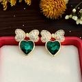 Golden bow stud earrings with green heart gemstone and white zircon on red jewelry box - E6733-925 Sterling Silver Earring Post / Green