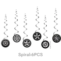 Set of 6 racing theme spiral ceiling streamers with tire hub patterns for birthday party - Hanging Swirls 6PCS
