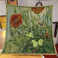 Artistic Van Gogh oil painting silk scarf with red poppy flowers and yellow butterflies - Van Gogh Butterflies and Poppies