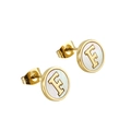 Gold-plated stainless steel letter F stud earrings featuring white shell inlay detail - Letter F / Gold