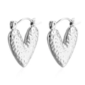 Silver heart-shaped hoop earrings with a hammered metal texture and latch fastener - Hammered Heart Small Hoop Steel (MS-302)