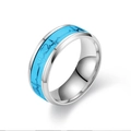 Macro detail of silver titanium steel ring with blue glowing heart pulse line pattern - US 6 / Blue - Luminous EKG
