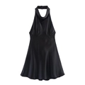 Elegantes schwarzes Satin-Neckholder-Kleid mit Wasserfallausschnitt und Drapierung - XS / Schwarz