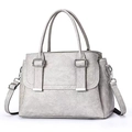 Gray textured PU leather square tote bag with adjustable strap and silver metal buckle - Light Gray