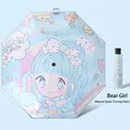 Blue kids folding umbrella with cute bear girl cartoon print and manual open design - Manual Inverted - Bear Girl [Reflective Strip]