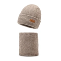 Winter knit beanie and neck warmer set in light brown with NY&JA leather patch - Khaki