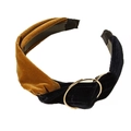 Knotted velvet headband in caramel and black patchwork with golden metal ring - Coffee & Black Bicolor