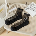 Breathable black mesh socks featuring a cute cartoon cat patch and ribbed knit trims - One Size / Heel Bear Full Black