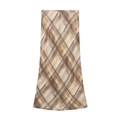 Women's A-line midi skirt featuring a brown and beige diagonal plaid satin texture - XS / Brown Plaid