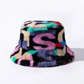 Close-up of colorful faux fur bucket hat featuring soft texture and purple letter S pattern - Navy Blue 2