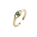 Detailed top view of a gold open eye ring featuring a central green zircon gemstone - Vintage Green Evil Eye