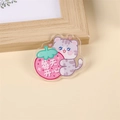 Cute purple cartoon cat acrylic pin holding a strawberry with Happy Daily text - Happy Everyday Cat