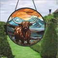 Colorful highland cow wreath ornament with mountain sunset design and metal chain - Highland Cow