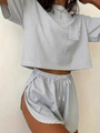 Detail of high-waist side slit drawstring shorts and striped knit fabric texture - S / Light Grey Stripe