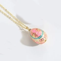 Golden necklace with a detailed pink and blue floral enamel egg pendant on white backdrop - Rose Red (XL3225 Rose Red)