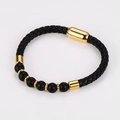 Detail of 8mm tiger eye beads with black braided leather and gold magnetic clasp - Black Beads (Matte Black)