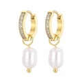 Pendientes de aro en acero chapado en oro 18K con pavé de cristal y perlas - Estilo de Perla con Micro Pavé de Circonita (KE106213-WGJD)