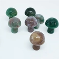 Polished mini mushroom figurines made of natural green and purple agate crystal stones - India Agate