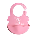 Pink silicone baby bib with cartoon dinosaur print and adjustable neck closure - Silicone Bib / Pink