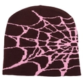 Detail of pink spider web jacquard pattern on a brown knit beanie for streetwear - One Size / Coffee