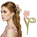 Pink and green flower metal claw clip with pearl accents for elegant hairstyles - Pink Oil Flower
