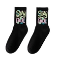 Black crew socks with Stay Cool graffiti text and colorful smiley face patterns - One Size (Plus Size) / STAY COOL Smiley / Black No.12