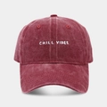 Detail of CHILL VIBES embroidery on burgundy washed cotton vintage baseball cap - Adjustable / Burgundy