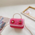Pink tweed girls mini handbag with lace trim, pearl handle and cherry pendants - Rose Red With Camellia