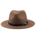 Détails du chapeau de paille marron foncé avec texture tressée et boucle de ceinture en cuir - Café