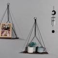 Double-tier dark wood hanging wall shelf with black ropes for home decor and storage - Black 1 (Double Tier Black Rope)