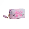 Plush tie-dye cat makeup bag with sequin Meow design and pompom keychain in pastel colors - Purple
