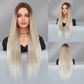 Extra long straight blonde wig with ombre dark brown roots and multi-angle views - Brown Grey Gradient