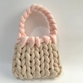 Handmade chunky knit bag in beige and pink cotton yarn with a minimalist look - Khaki + Pinkish Red
