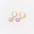 Golden hoop earrings with purple evil eye charms featuring white and black pupil details - Round / Purple