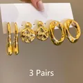 3 Pairs Set of chunky gold earrings featuring teardrop, textured disc, and hoop designs - 3 Pairs Set (1# Steel Earring Post) / Gold