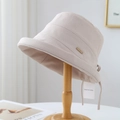 Beige cotton bucket sun hat with Hand Made metal tag and adjustable wind strap - 80634 Beige