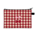 Checkered strawberry makeup bag with cherry bow design and black zipper handle - 01-Cherry Red Plaid