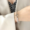 Silver chain bracelet with zircon stones and OT toggle clasp shown on woman wrist - Bracelet / 15CM / Silver
