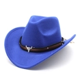 Detail of royal blue felt cowboy hat with brown leather band and metal bull head buckle - M (56-58cm) / Blue