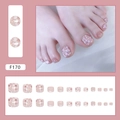 Pink press-on toe nails with white flower patterns and golden glitter accents, 24-piece set - Mist Rose Glue Style (F170)