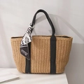 Vintage woven straw tote bag with black canvas handles and decorative patterned silk scarf - Khaki with Scarf