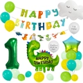 Detail of 32 inch green number 1 dinosaur balloon set with Happy Birthday banner and stars - Number 1 Dinosaur Set