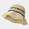Detail of hollow crochet weave and black stripes on a beige paper straw sun hat - M (56-58cm) / Spliced Beige