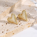 Detailed close-up of gold plated 18k heart stud earrings with cubic zirconia on stone - Gold V-Shape Heart Style (ZYN-DME608G)