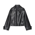 Women's black oversized faux leather biker jacket with wide lapels on white background - XS / Black